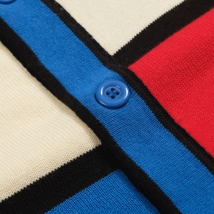 Men's blue retro color-blocked knitted cardigan