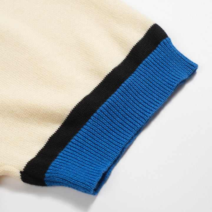 Men's blue retro color-blocked knitted cardigan