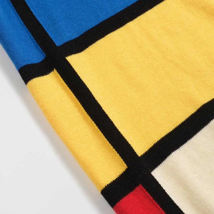 Men's blue retro color-blocked knitted cardigan