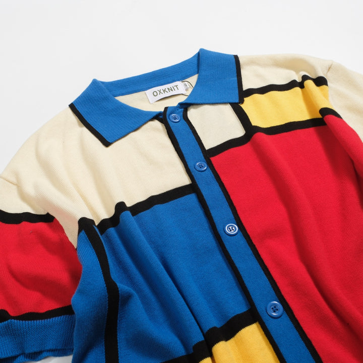 Men's blue retro color-blocked knitted cardigan