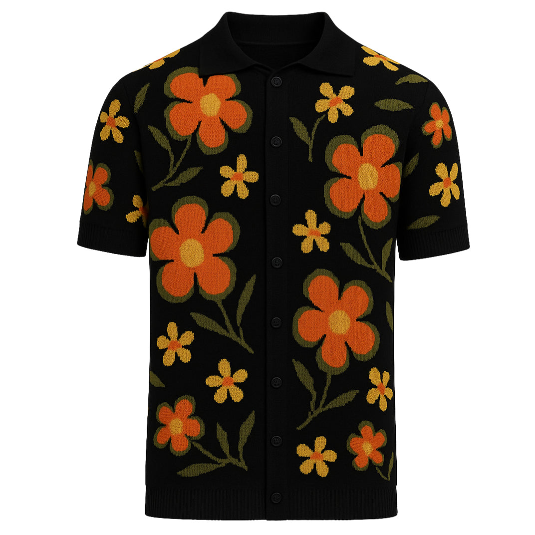 Men's black vintage flower casual knit cardigan