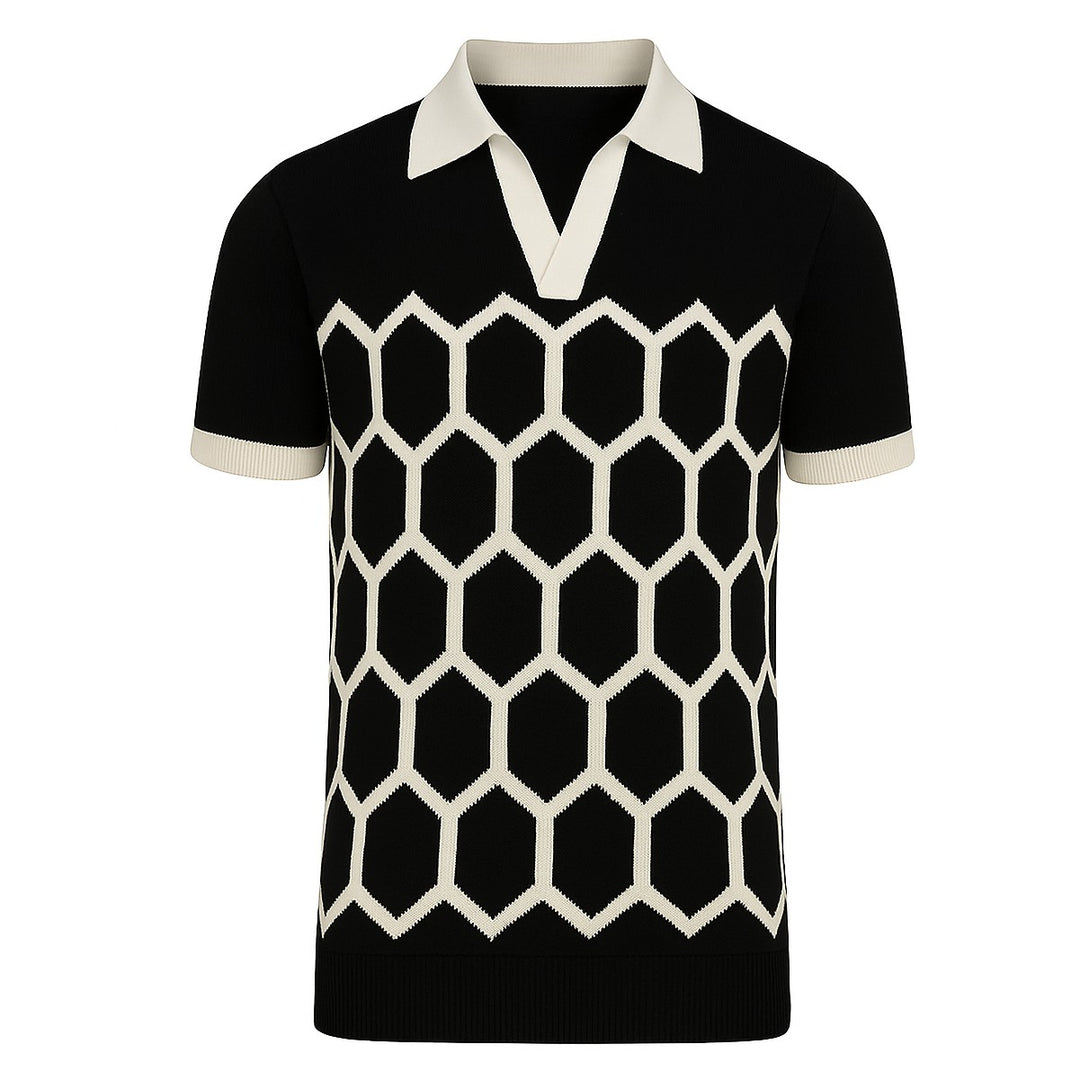 Men's black vintage design knitted V-neck polo shirt