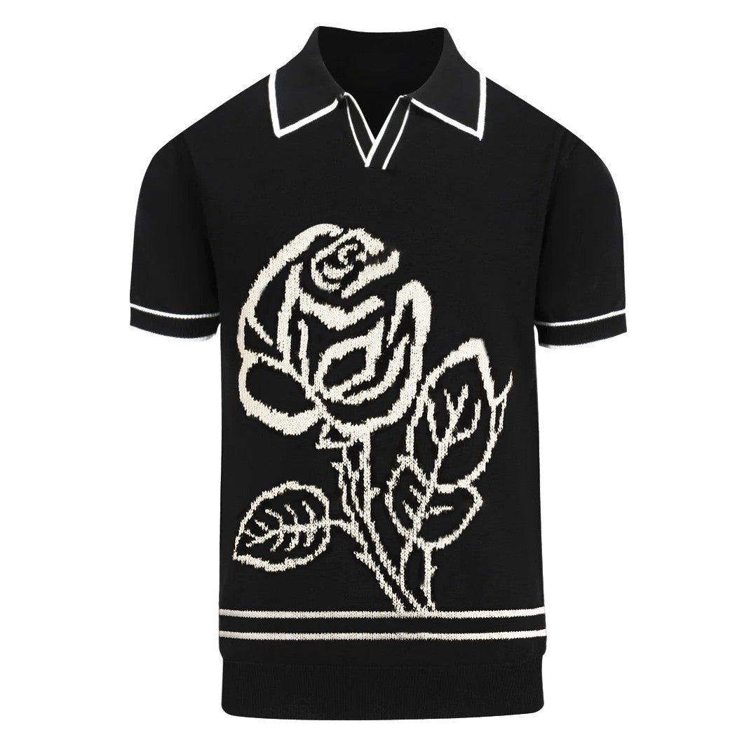 Men's black rose jacquard vintage V-neck knitted polo shirt