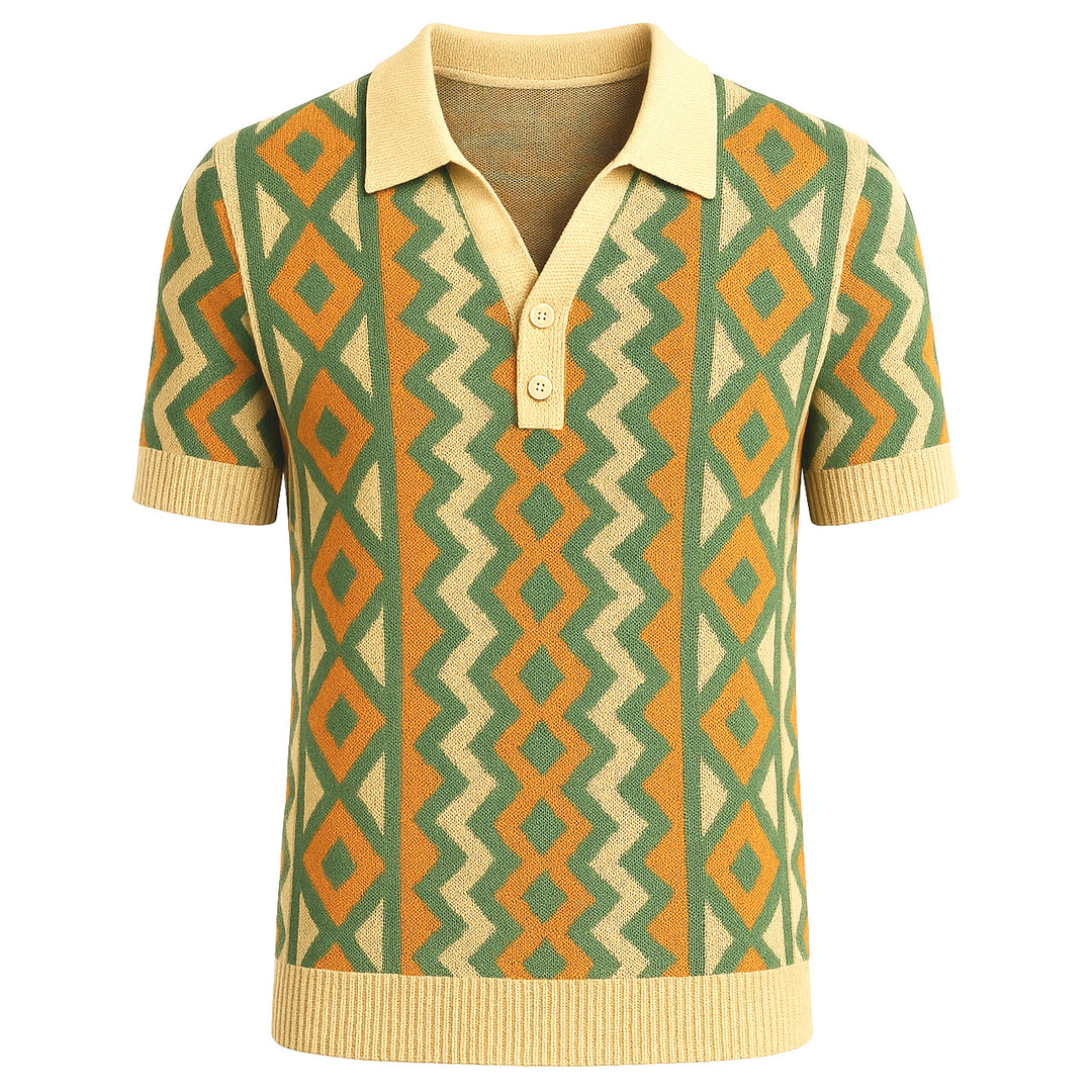 Men's green jacquard vintage V-neck knitted polo shirt