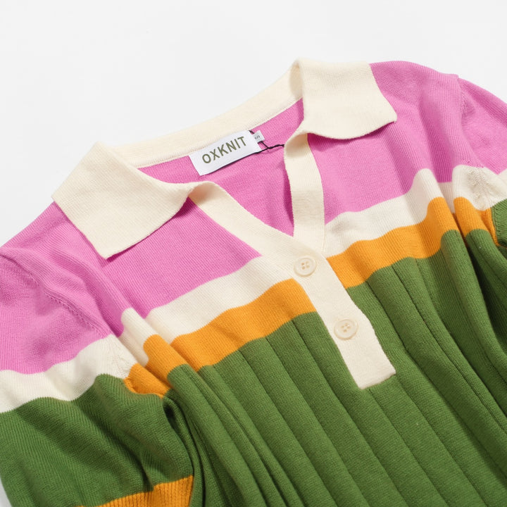 Women's green parquet jacquard knit polo shirt