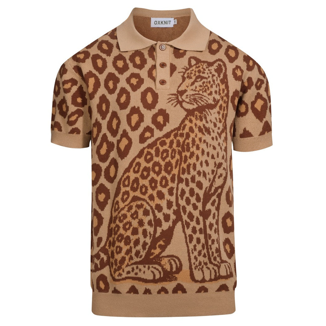 トップス 5351 pour les hommes leopard polo Men's khaki leopard print tiger jacquard knitted polo shirt – OXKnit