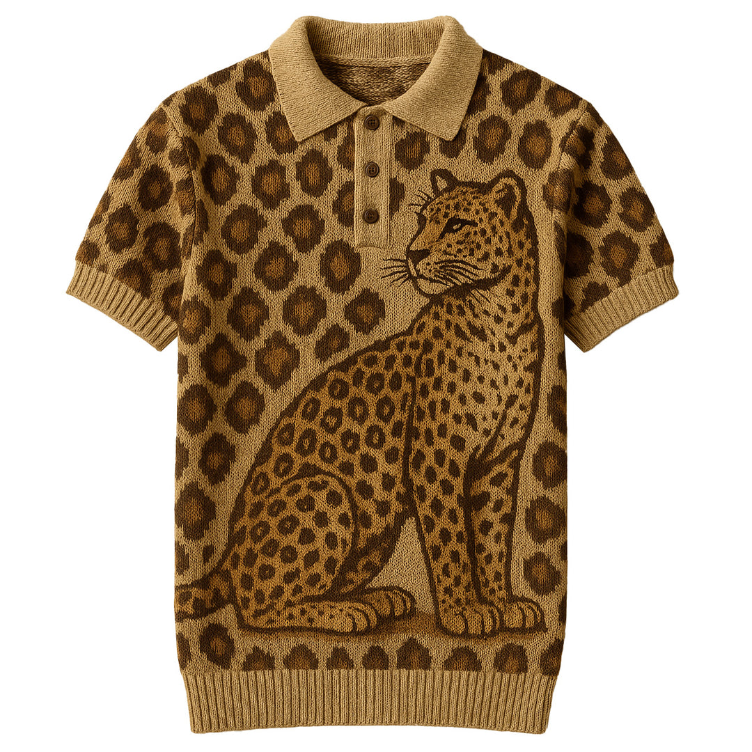 Polo en tricot en tricot-tricot Khaki Leopard