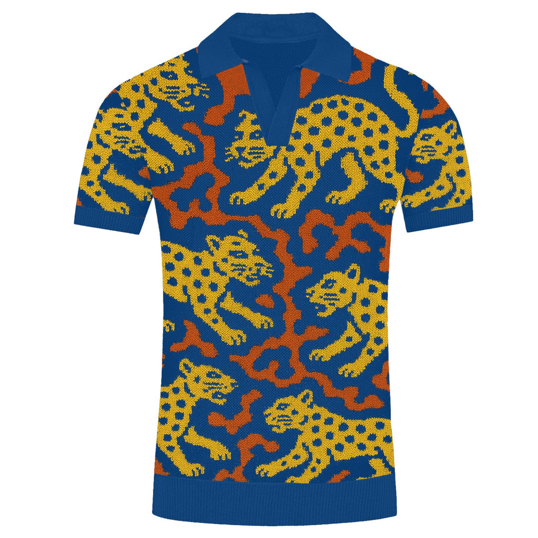 Mænds blå leopard Jacquard V-hals strikket poloshirt