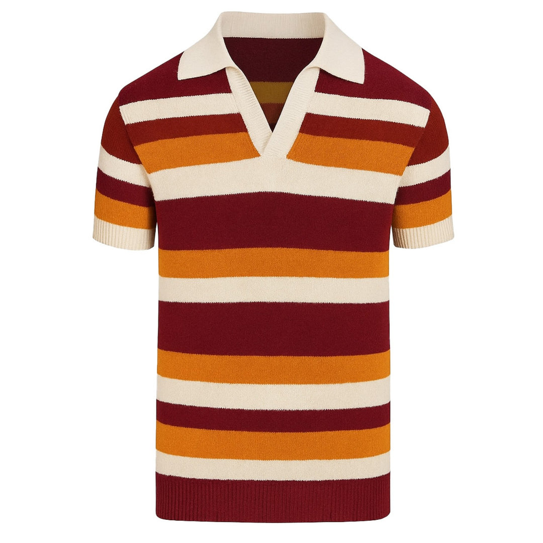 Men's vintage red striped V-neck knitted polo shirt