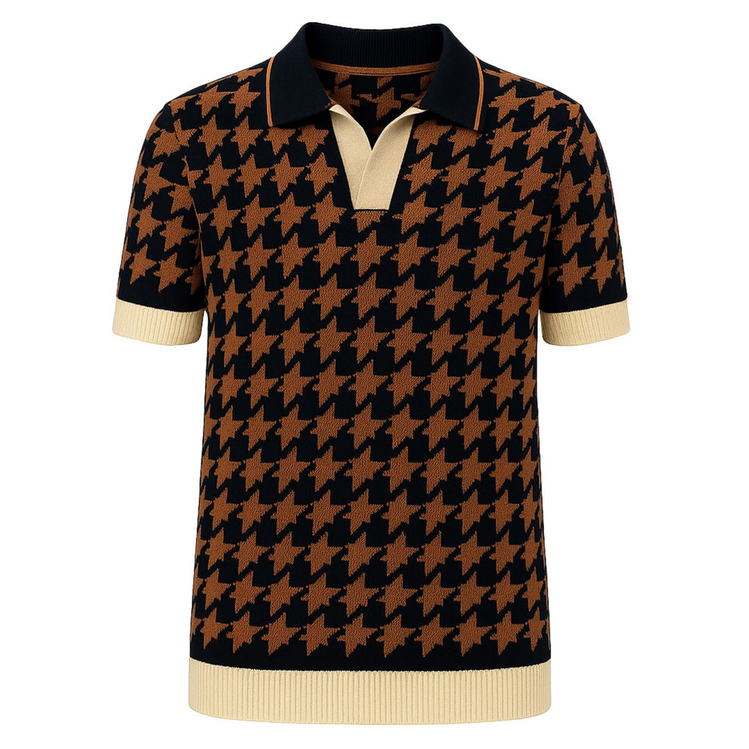 Men's black vintage jacquard V-neck knitted polo shirt