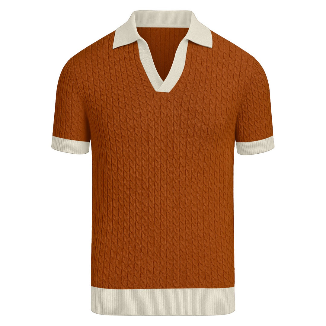 Men's orange vintage knit V-neck polo shirt