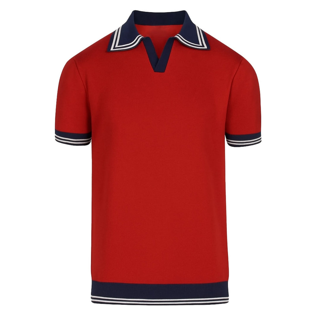 Men's red vintage knit V-neck polo shirt