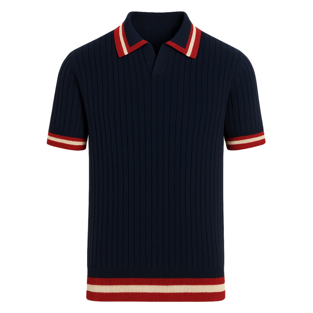 Men's navy blue vintage knit V-neck polo shirt