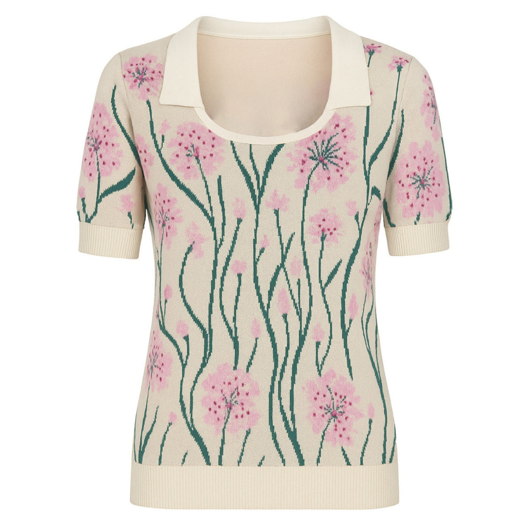 Women's white apricot flower jacquard vintage polo shirt