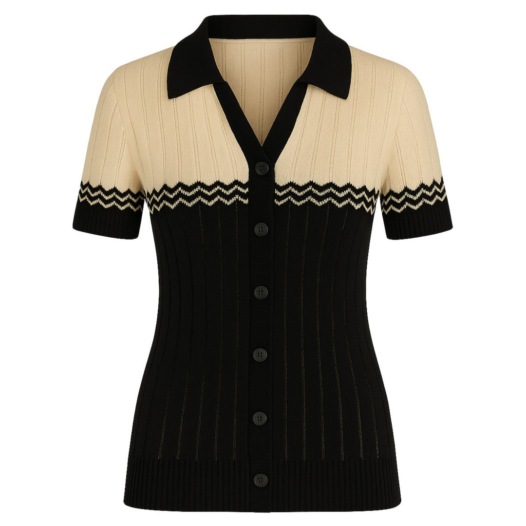 Women's black vintage textured jacquard V-neck cardigan
