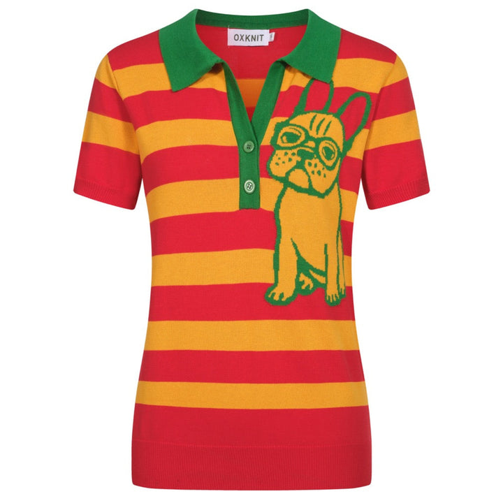 Women's orange striped jacquard V-neck knitted polo shirt