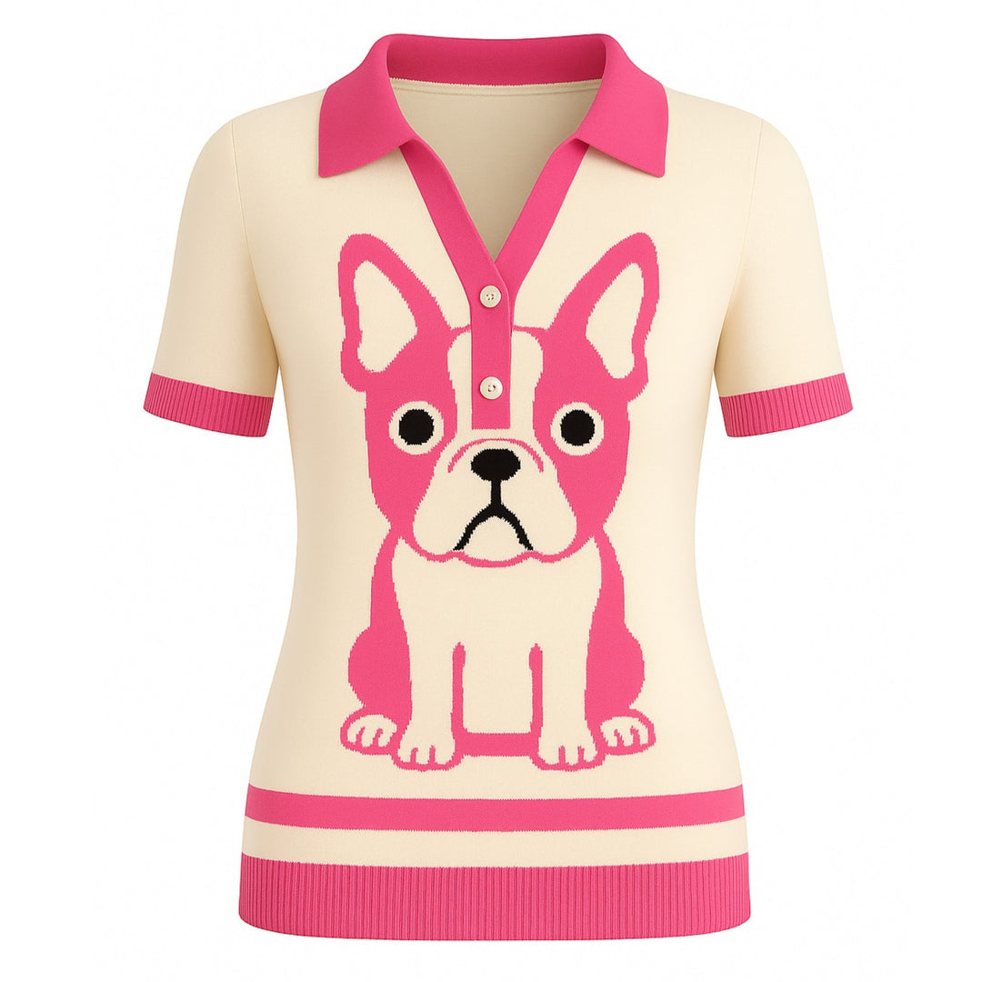 Frauen rosa französischer Bulldogge Jacquard V-Ausschnitt Polo-Hemd mit Stick