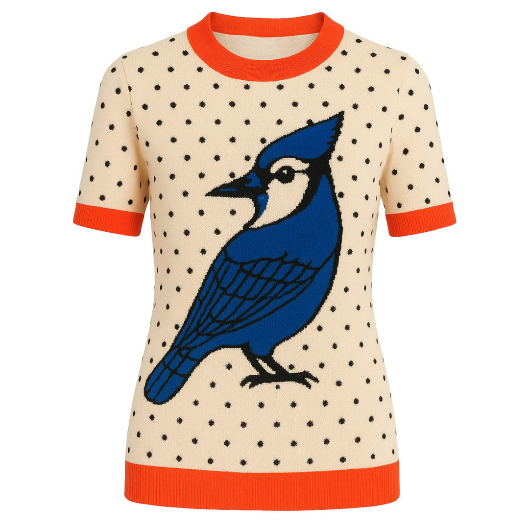 Women's apricot polka dot bird vintage knit T-shirt
