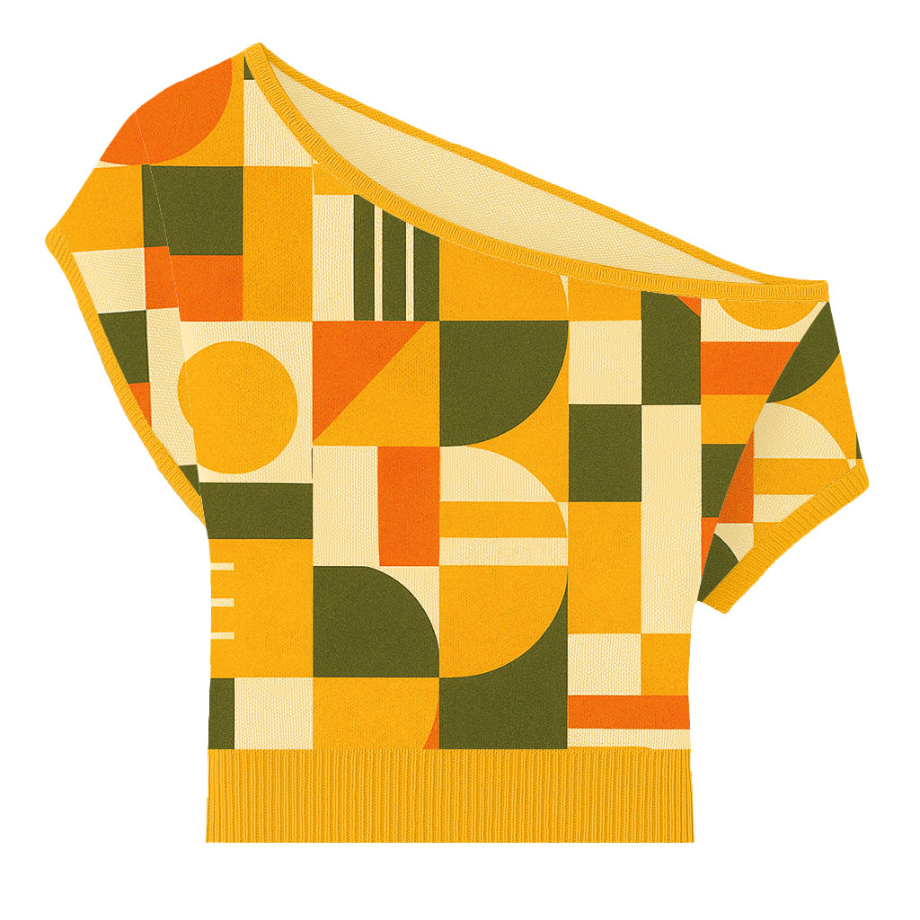 Women's yellow jacquard slope-shoulder knit T-shirt - Short Size