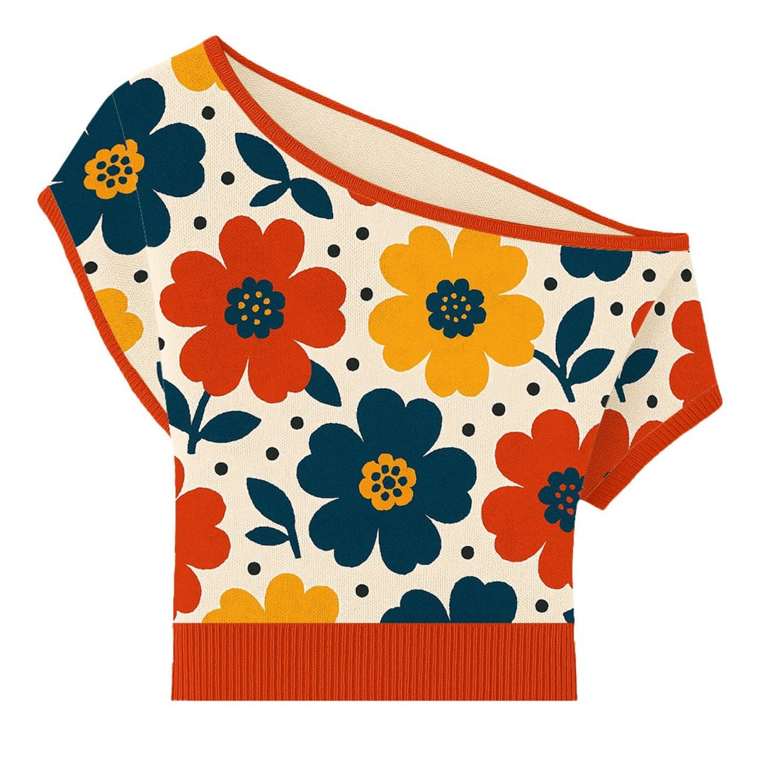 Women's orange floral Jacquard slant shoulder T-shirt - Short Size