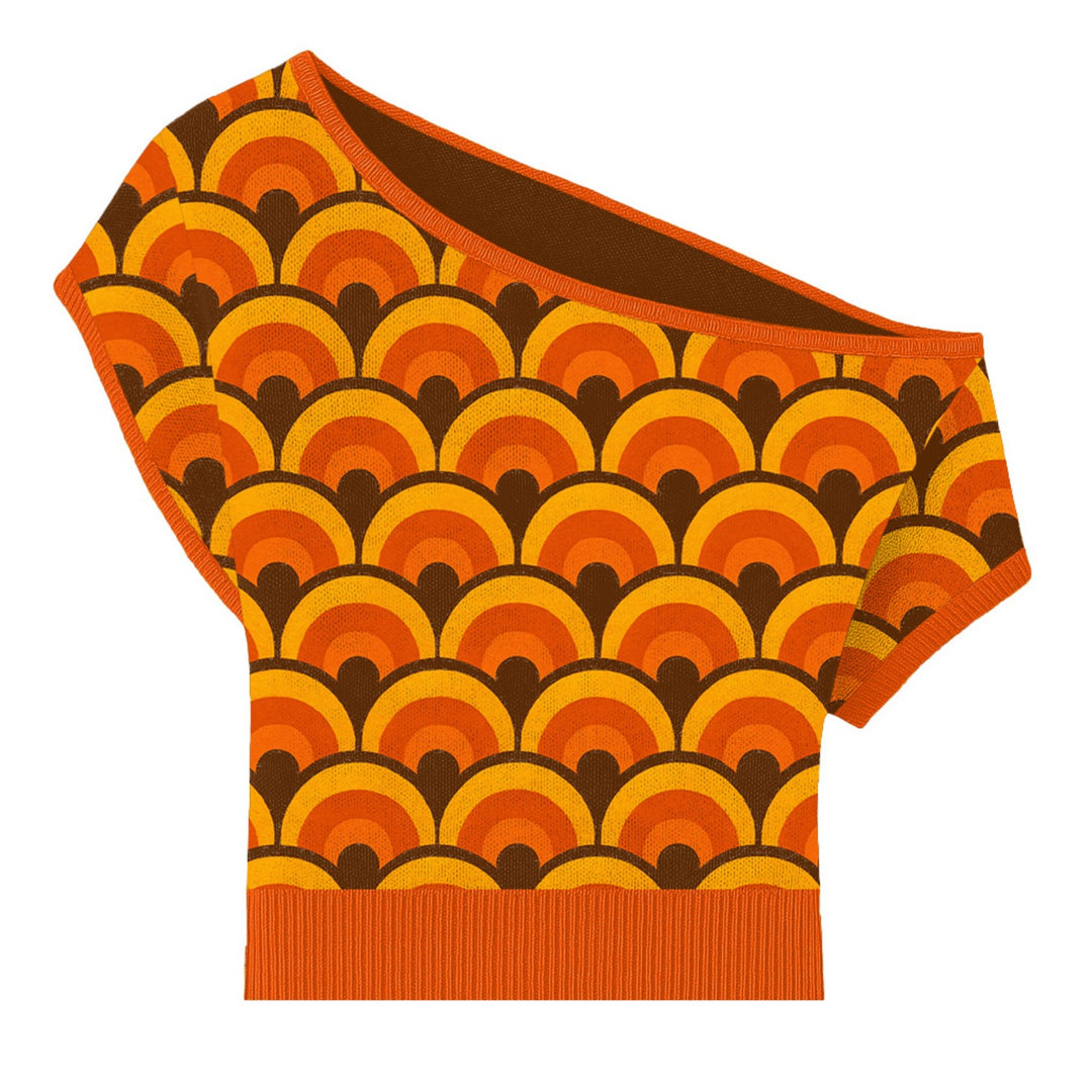 Women's orange jacquard knit slant shoulder T-shirt - Short Size