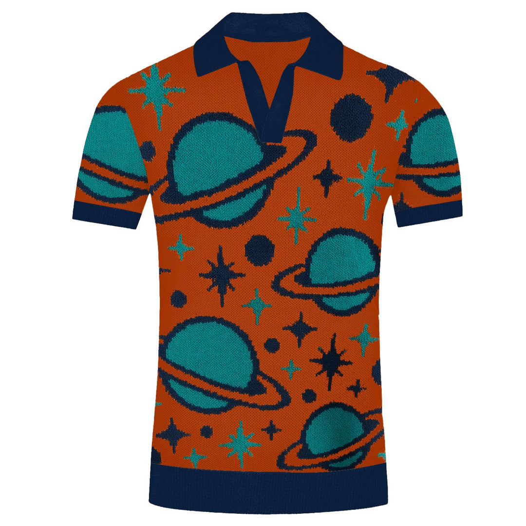 Mäns orange planet stickade vintage v-ringning polo skjorta