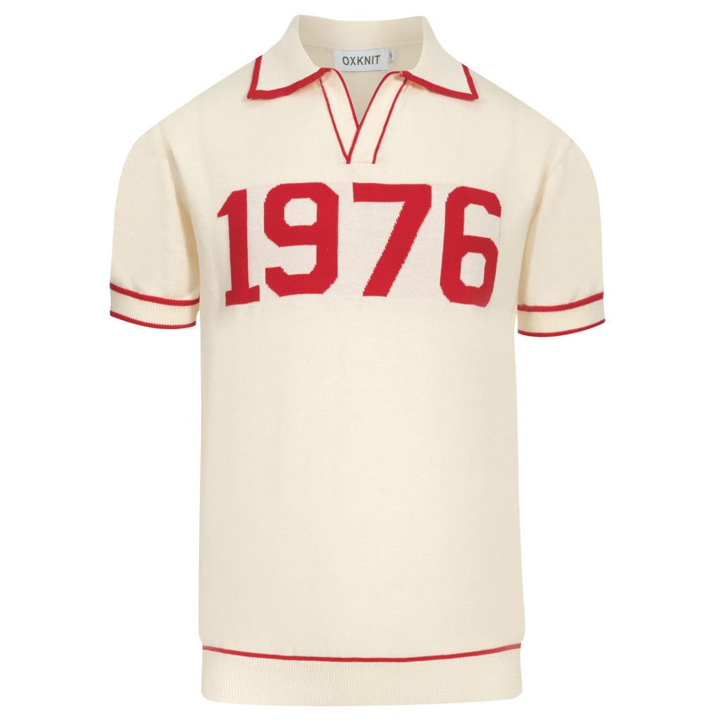 Men's white apricot 1976 V-neck knitted polo shirt – OXKnit