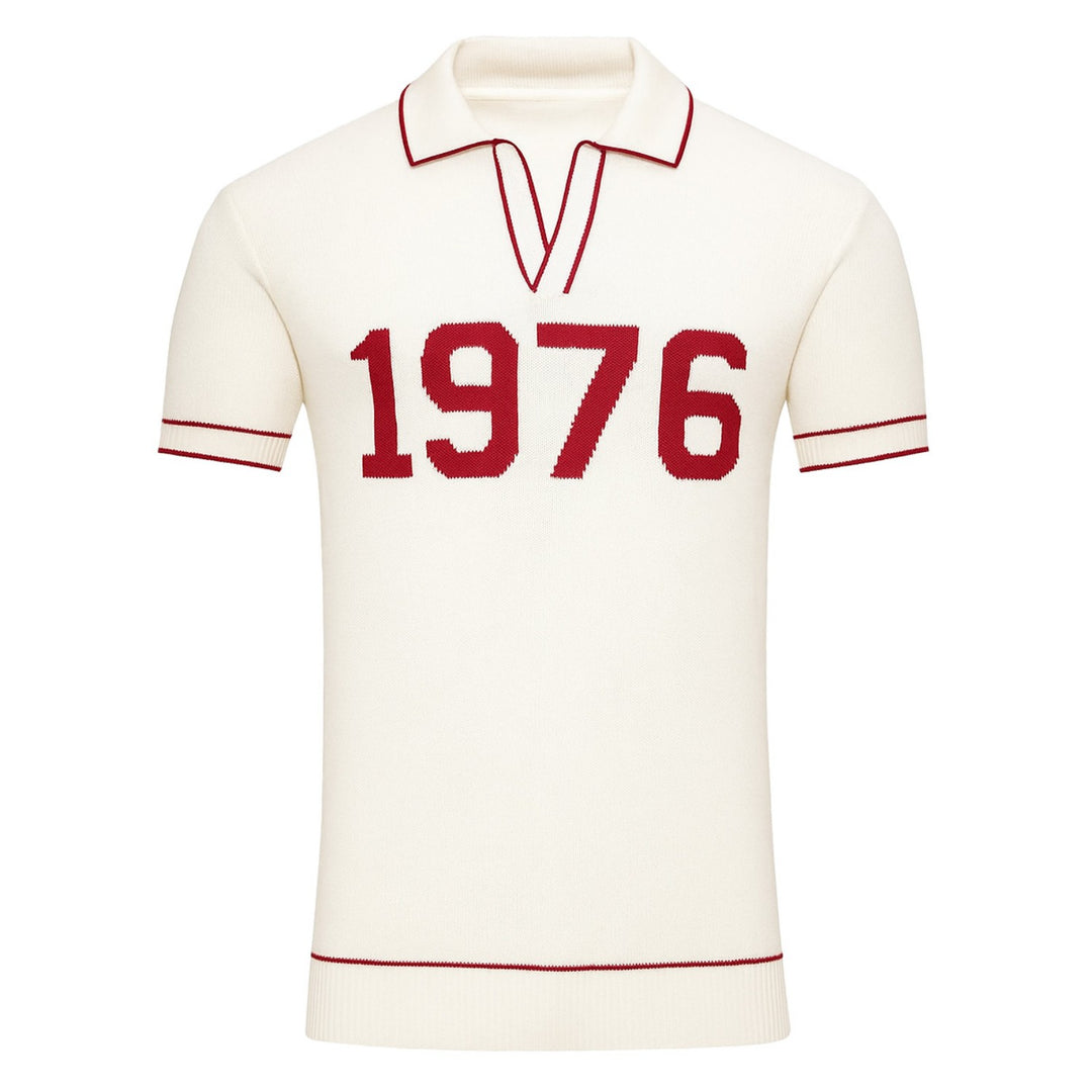 Mænds hvide abrikos 1976 V-hals strikket poloshirt