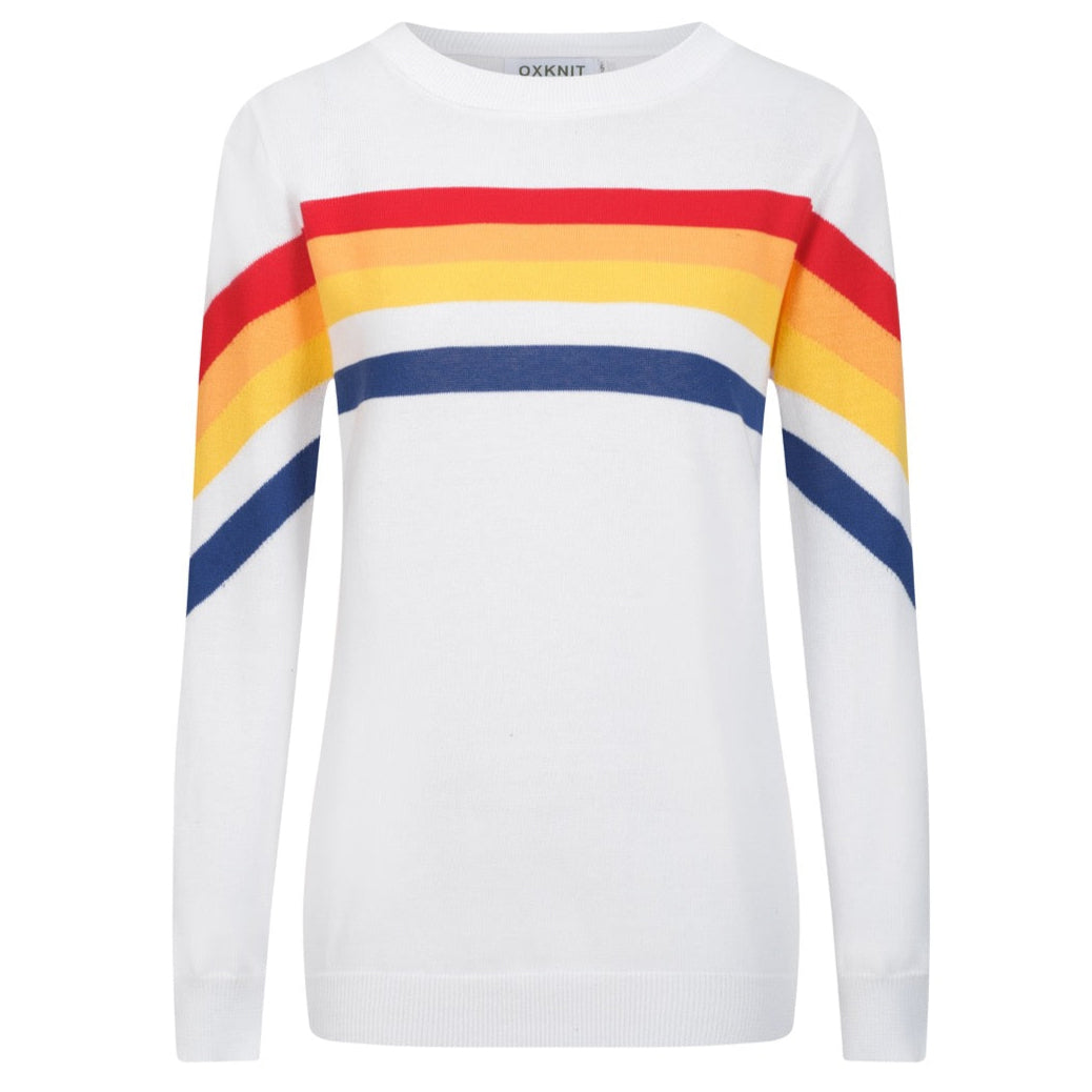 Pull femme en jacquard coloré à rayures vintage blanc – OXKnit - Main Image
