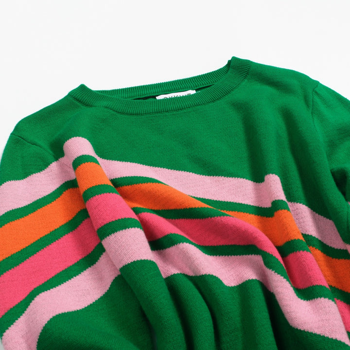 Women's vintage green diagonal stripe jacquard knitwear