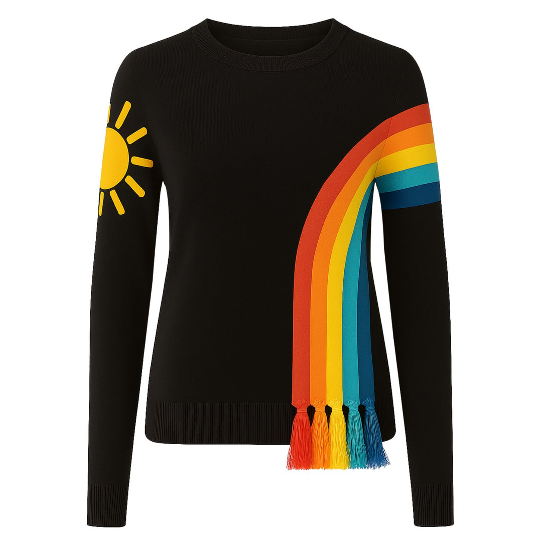 Women's black rainbow tassel jacquard knitwear