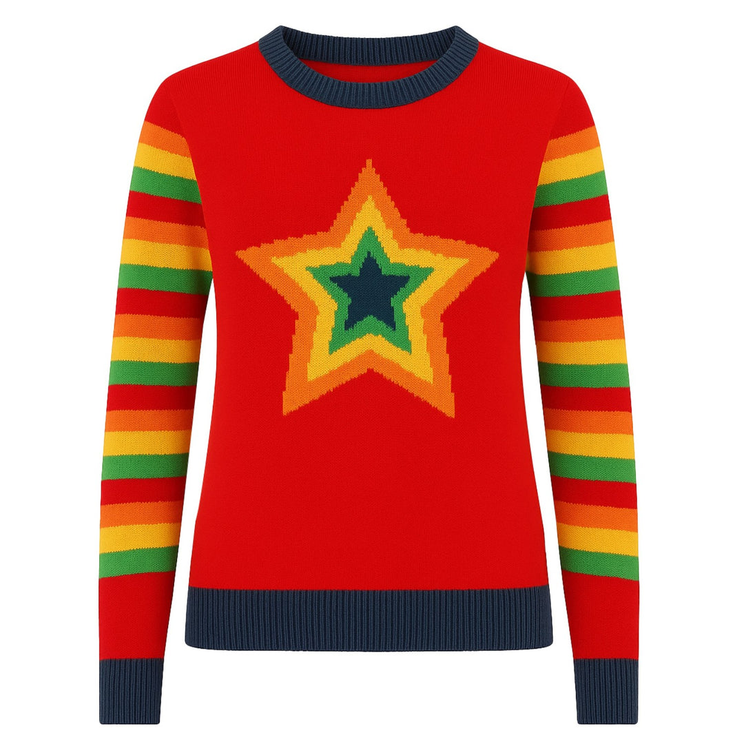 Women's red striped five-pointed star jacquard knitwear
