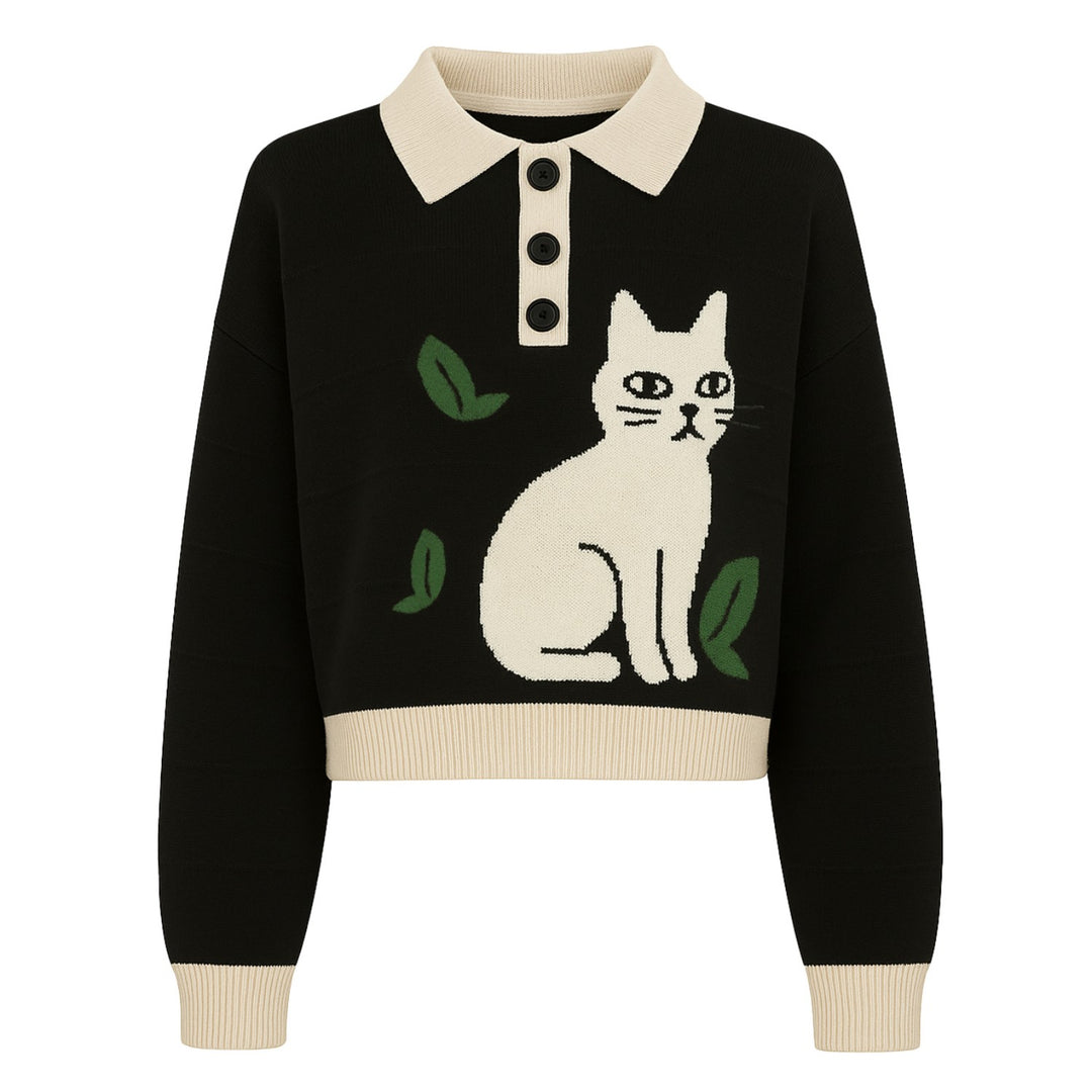 Women's black cat jacquard polo knitwear - Short Size