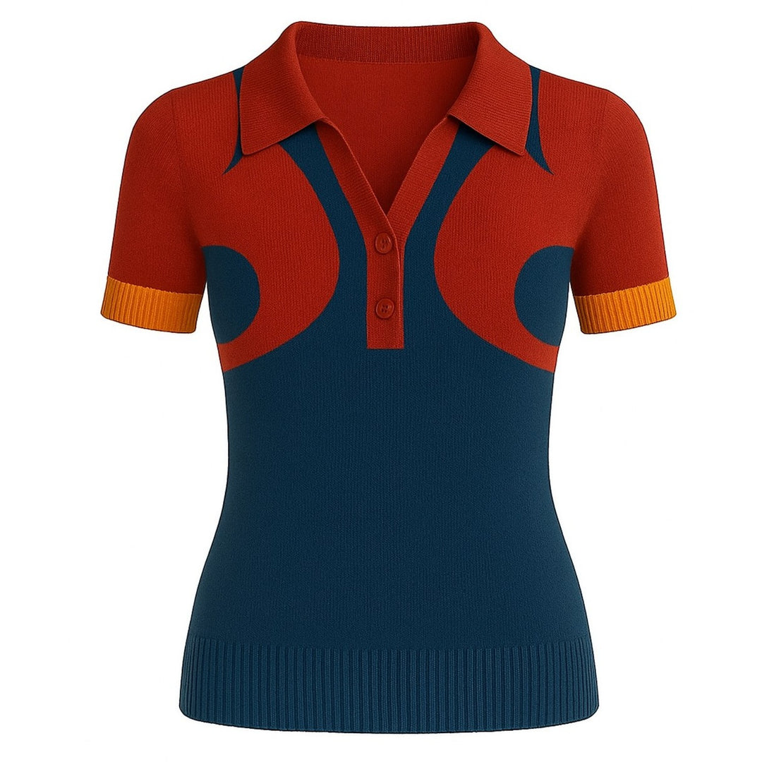 Women's vintage red style V-neck knitted polo shirt