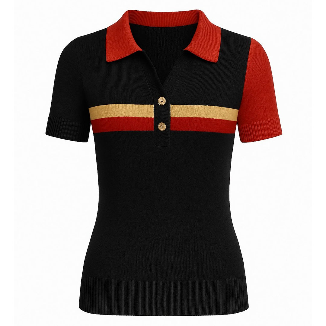 Women's vintage black V-neck knitted polo shirt