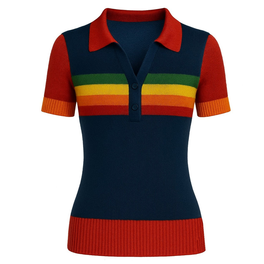 Camisa pólo de malha de decote em V Rainbow de Rainbow Black feminino