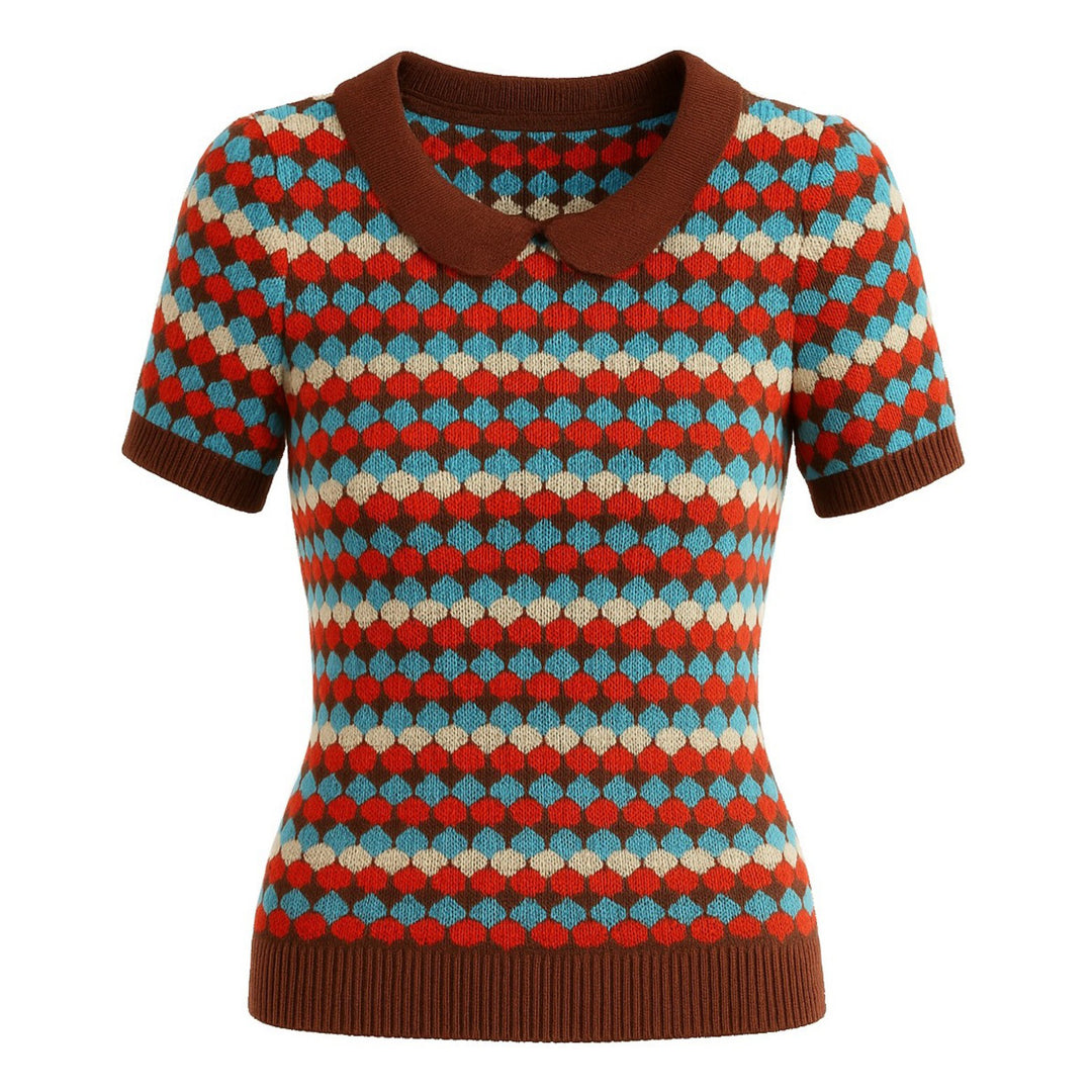 Women's vintage brown jacquard lapel knit T-shirt