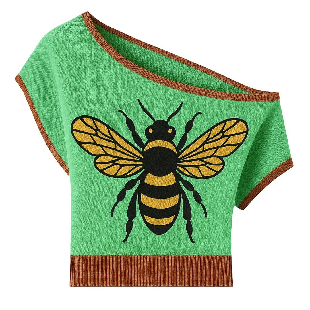 Women's green Vintage Plaid Knitted Scoop-Neck T-Shirt - Short Size