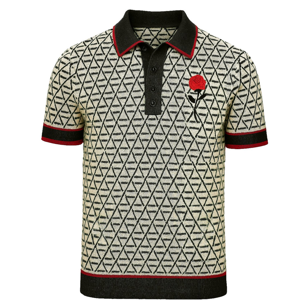 Menns svarte jacquard brodert strikket polo skjorte