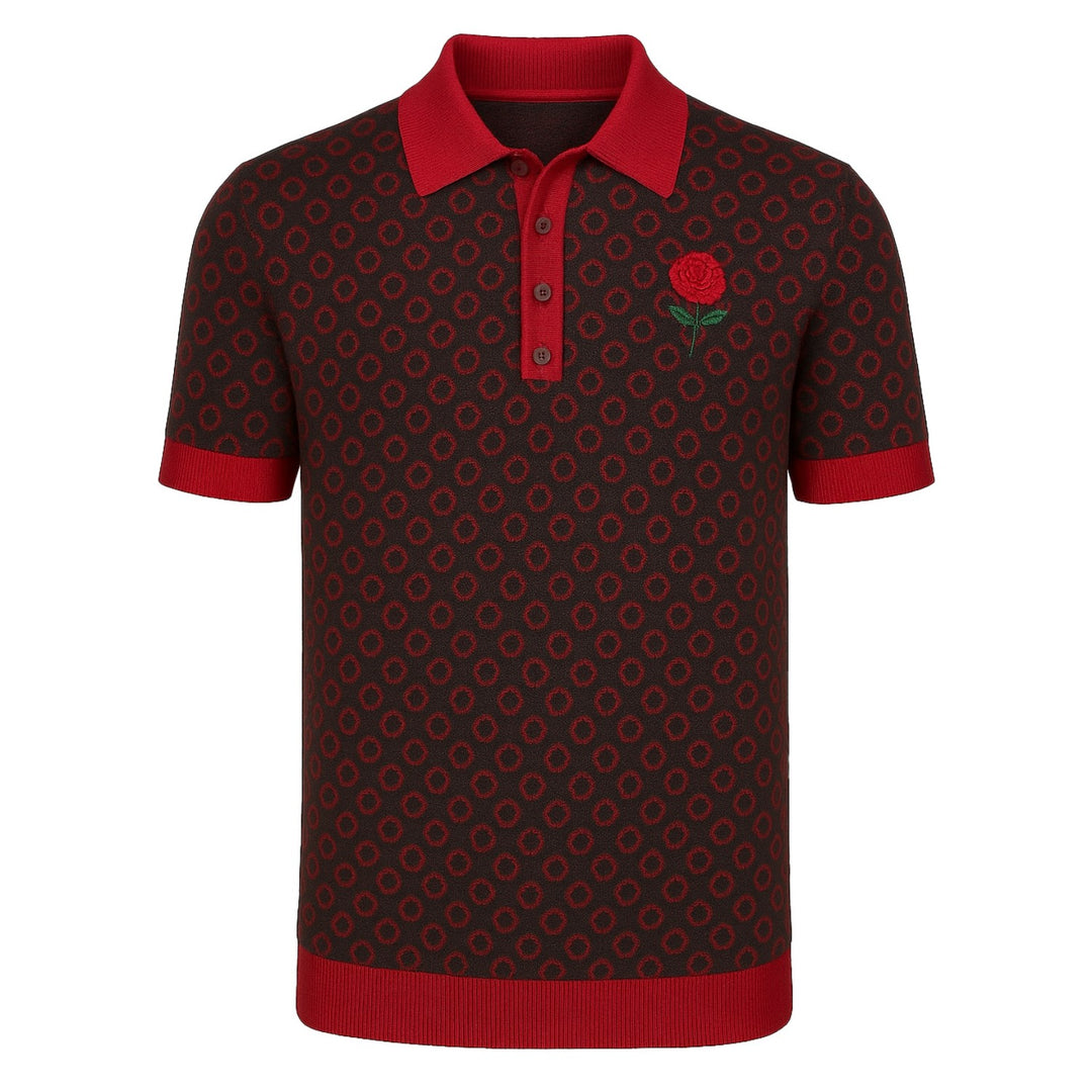 Men's red jacquard embroidered vintage knitted polo shirt