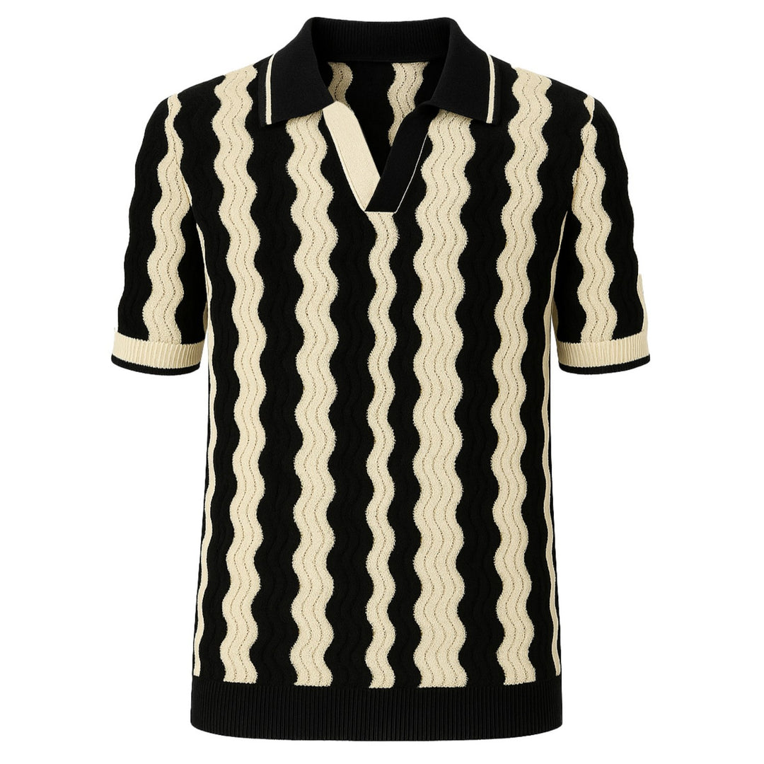 Men's black vintage textured jacquard knit polo shirt