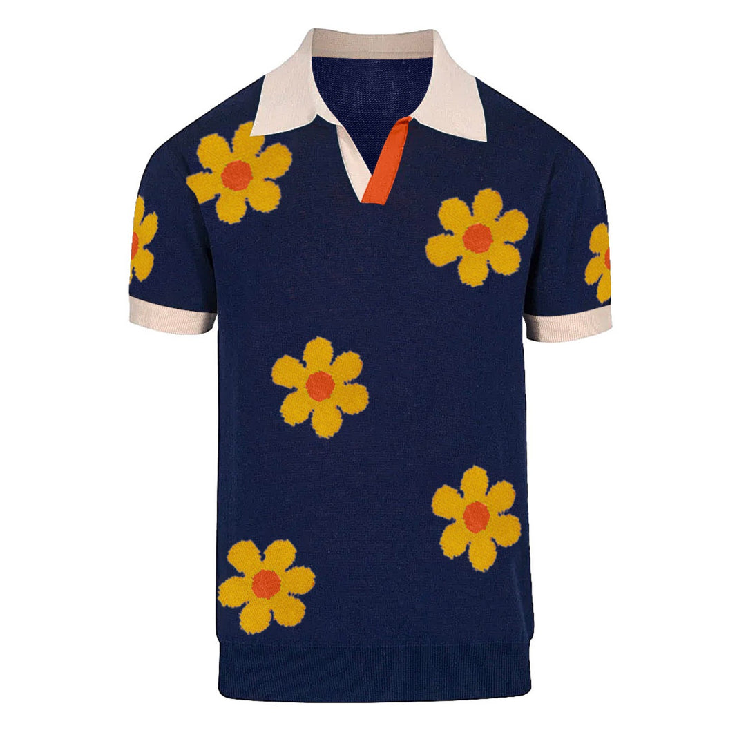 Men's blue flowered vintage jacquard V-neck knitted shirt