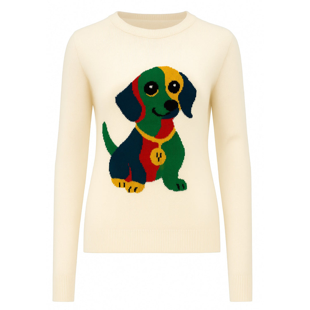 Women cream white dog Jacquard vintage knitwear
