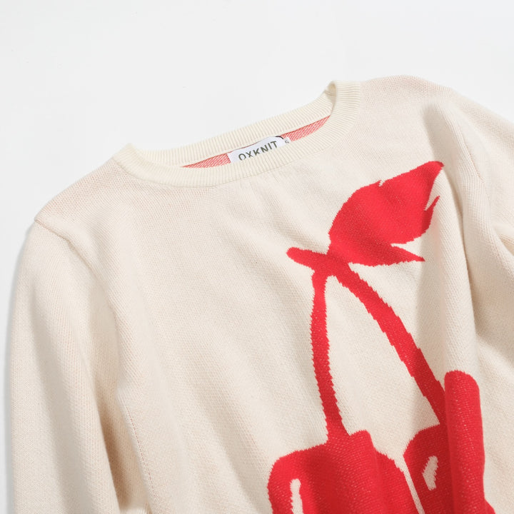 Malhas femininas retrô creme branco cereja jacquard