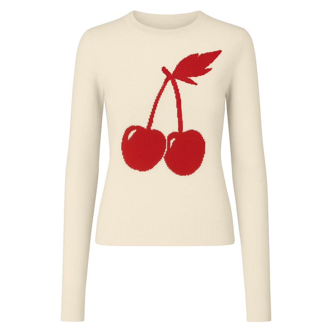 Femmes Retro Cream White Cherry Jacquard Knitwear