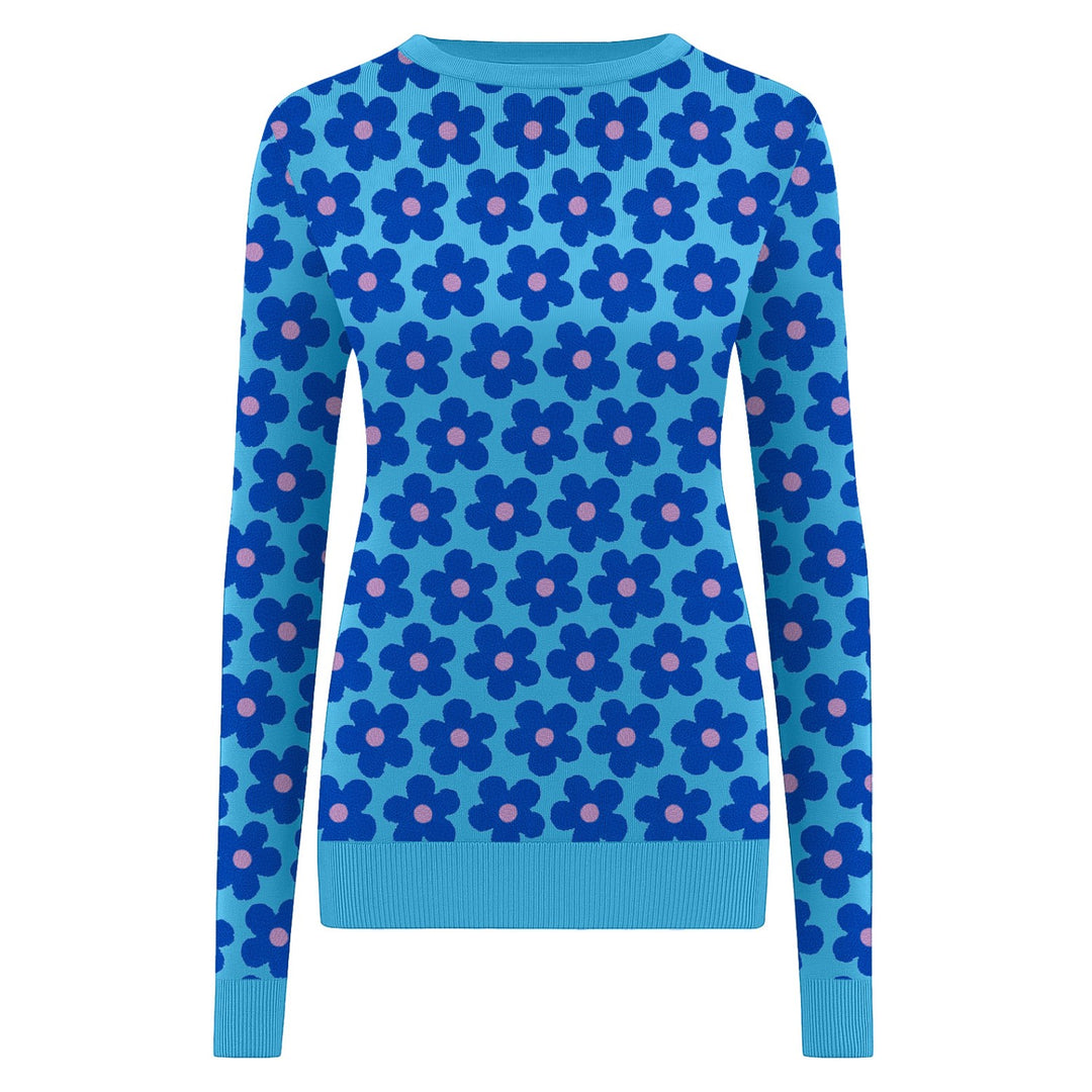 Women's Blue floral Jacquard vintage knitwear