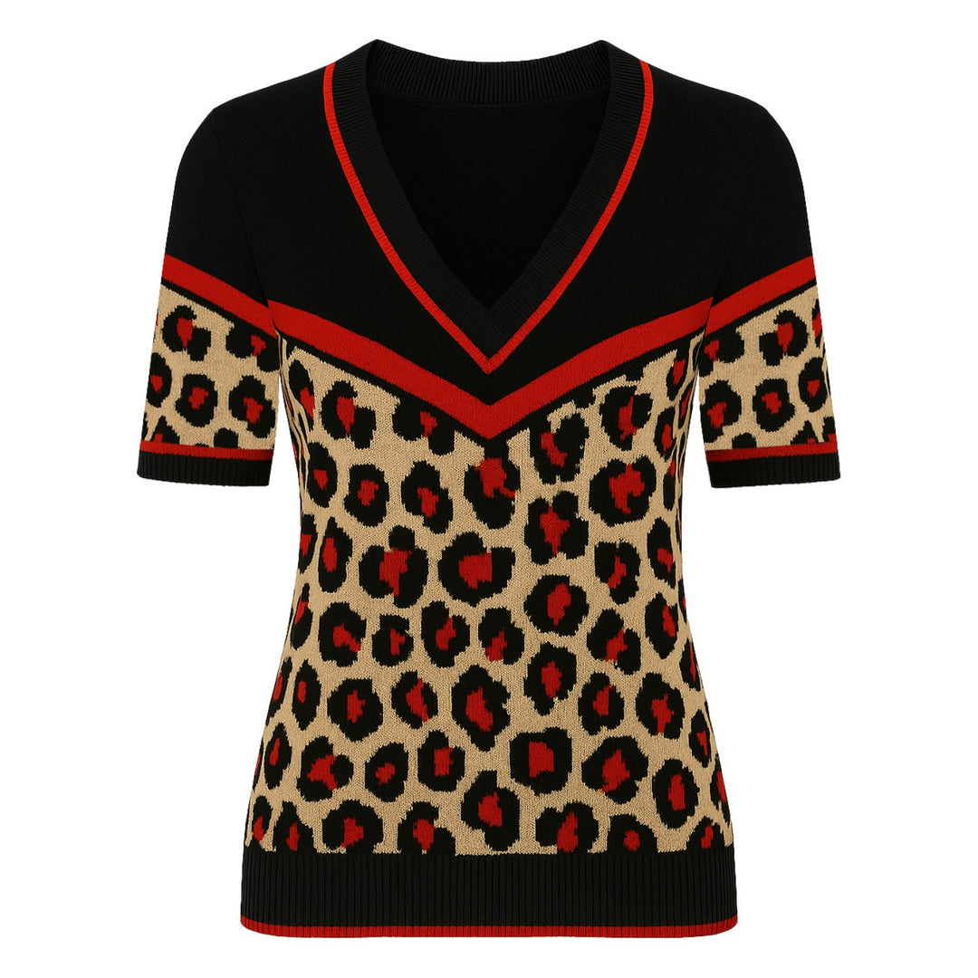 Women's black leopard print vintage V-neck knit T-shirt
