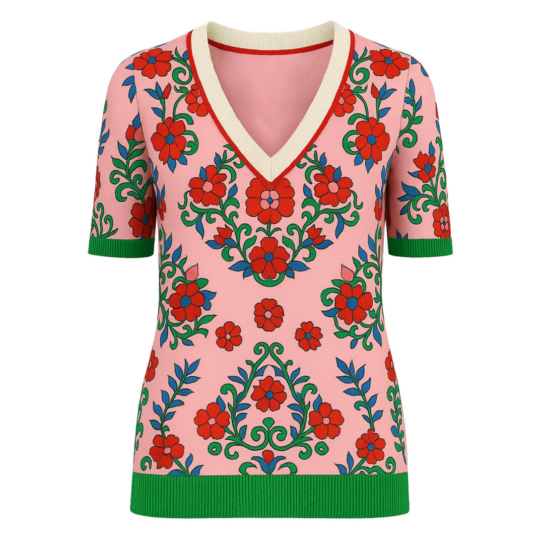 Camiseta Floral em V Floral-deco