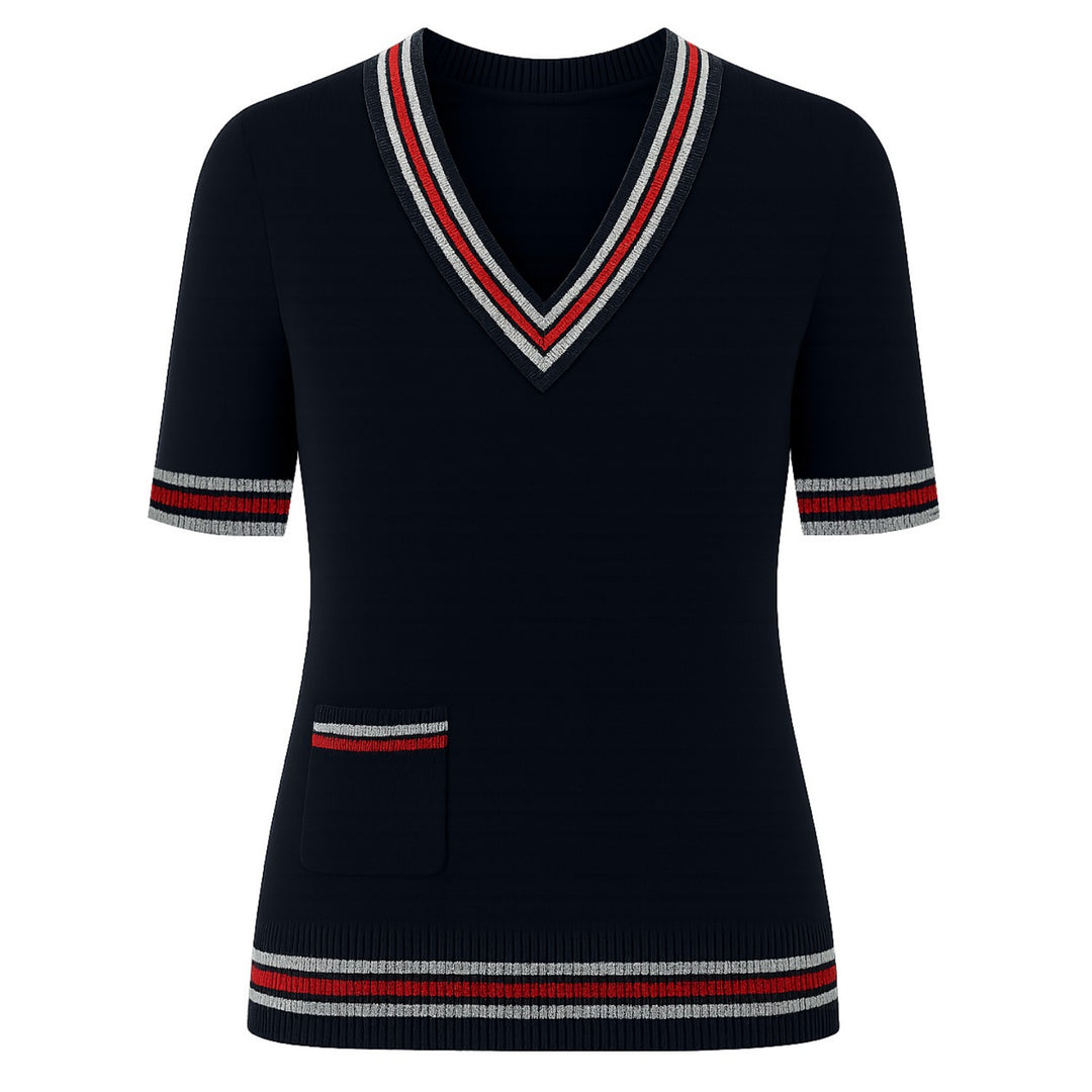 Camiseta de tejido de cuello en V negro de bolsillo retro de mujer para mujeres