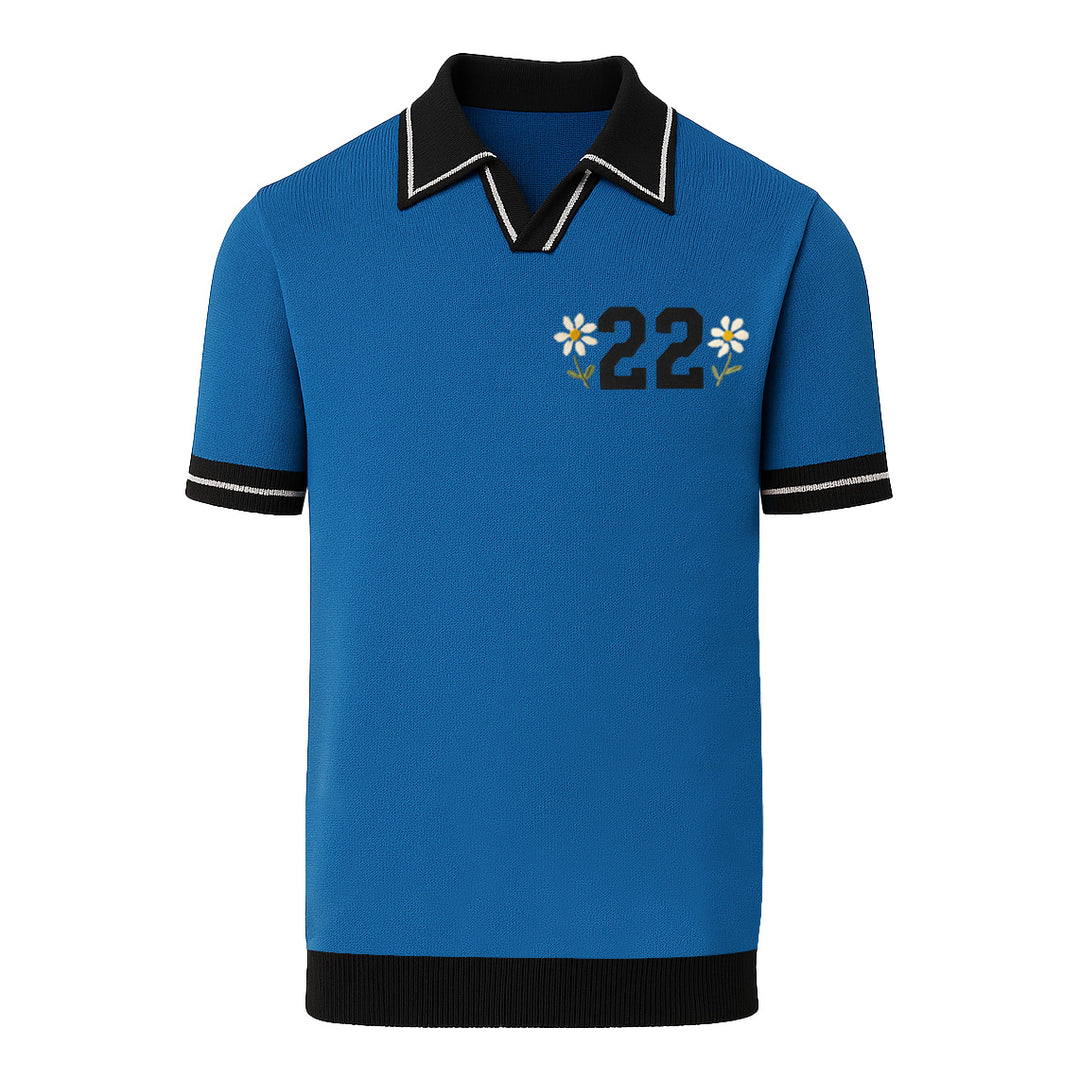 Men's blue font "22" embroidered V-neck polo shirt